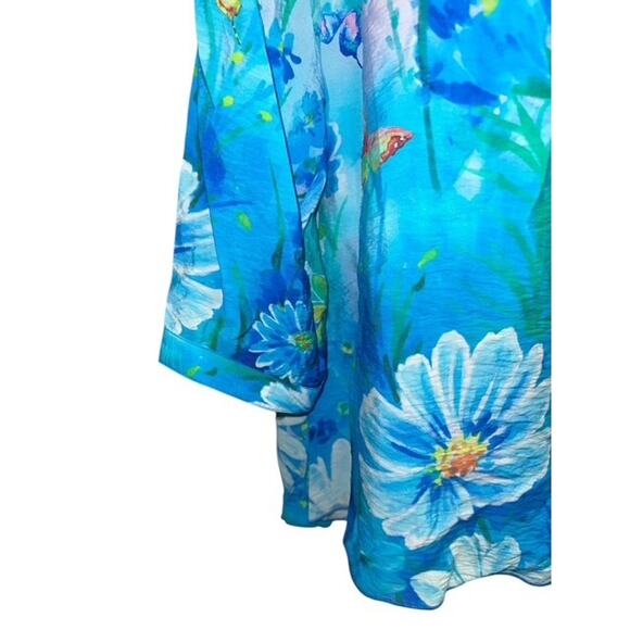 Ali Miles 1X Top Blue Floral Butterfly Rayon Nylon Crepe Button Up 3/4 Sleeves - Picture 4 of 5